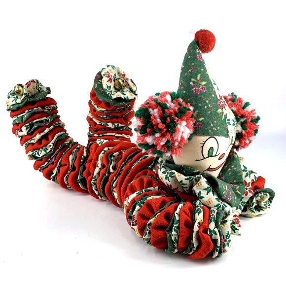 Yoyo Clown Doll Christmas Rag Quilt Fabric Circles Bells 12" Long Vintage - Picture 3 of 8